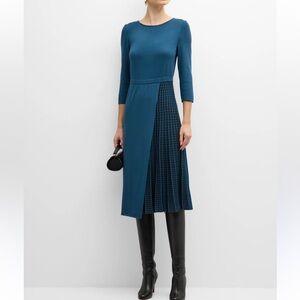 Misook Midi Dress Small NWT Teal 3/4 Sleeves Pleated Knit Heritage Fit Office